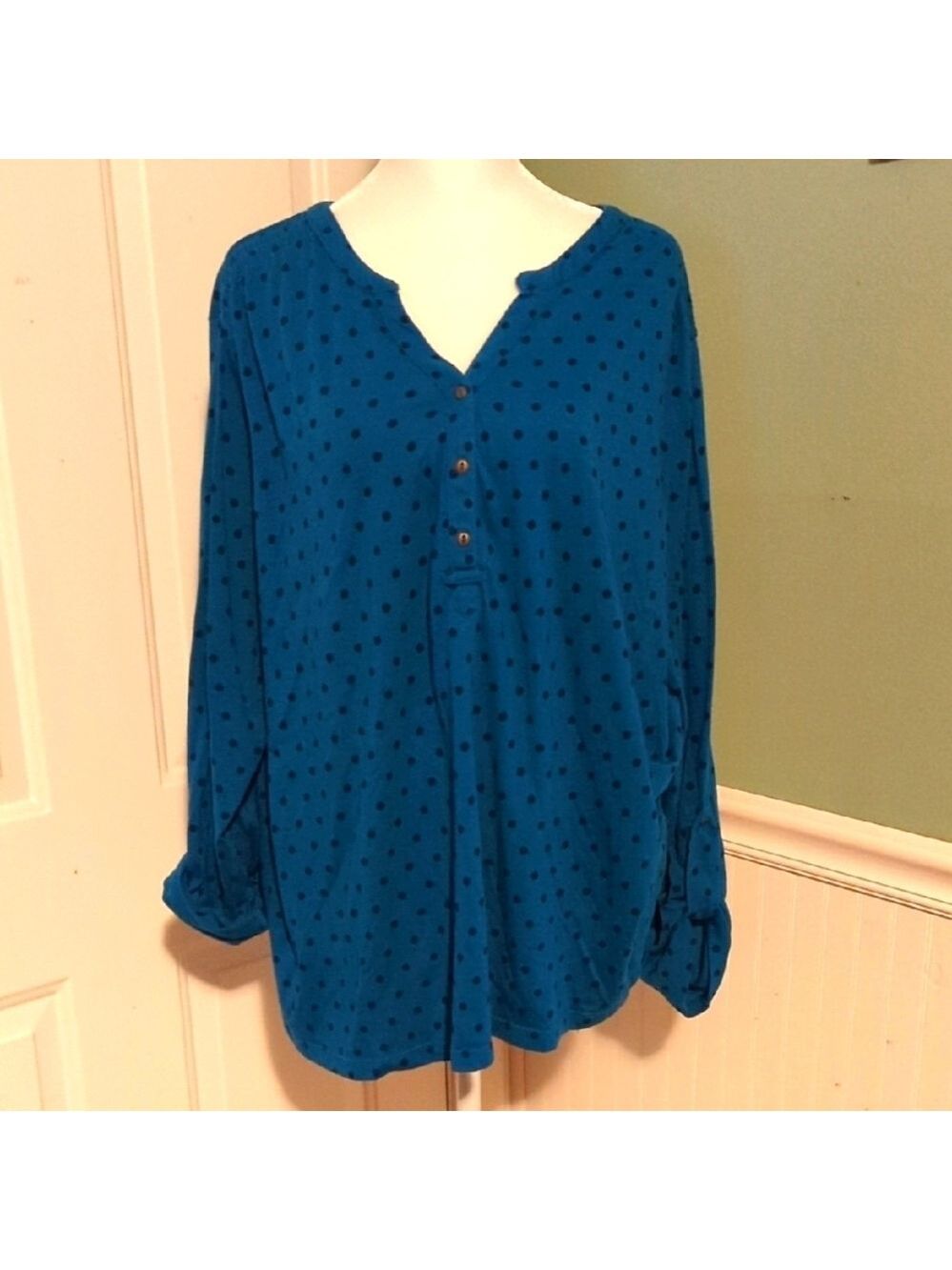 Basic Editions Women's Blue Polka Dot Long Sleeve Top 2X
